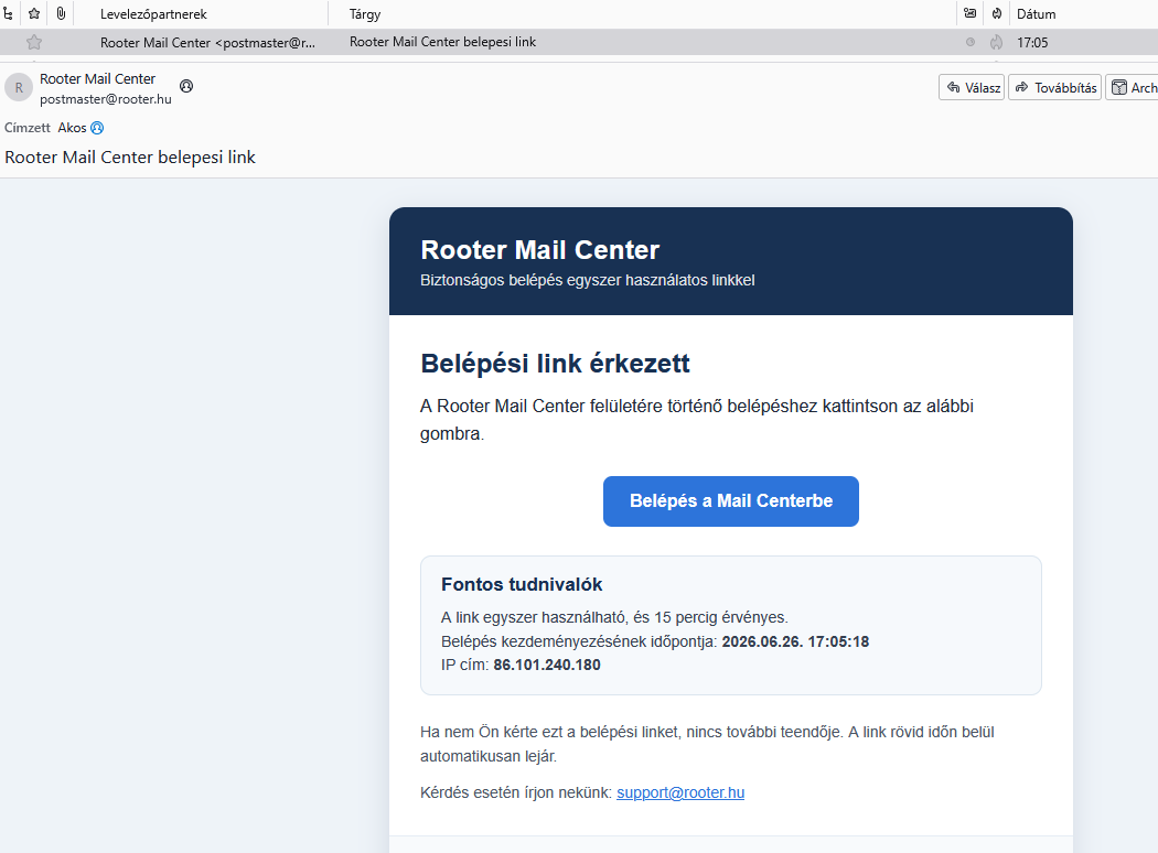 Rooter Mail Center belépési linket tartalmazó e-mail